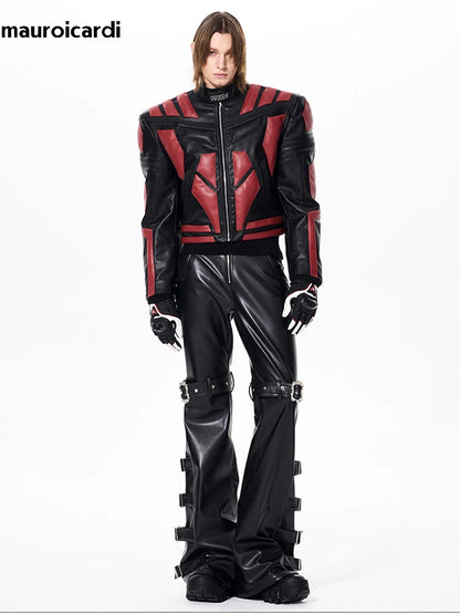 Mauroicardi Long Black Pu Leather Flare Pants for Men Rivet