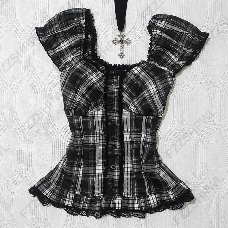 Corset Plaid Lace Ruffle Short Sleeve Shirt