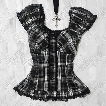 Corset Plaid Lace Ruffle Short Sleeve Shirt
