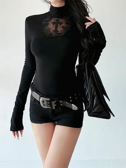 Turtleneck Gothic Cross Hollow Slimming Long Sleeve Shirt