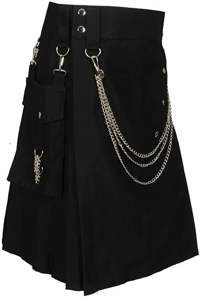 Mens Skirt Vintage Kilt Scotland Gothic Kendo Pocket Skirts With Silver Chains