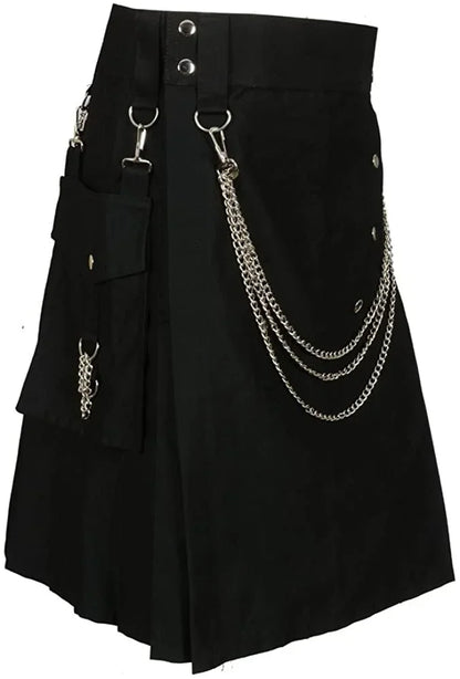 Mens Skirt Vintage Kilt Scotland Gothic Kendo Pocket Skirts With Silver Chains