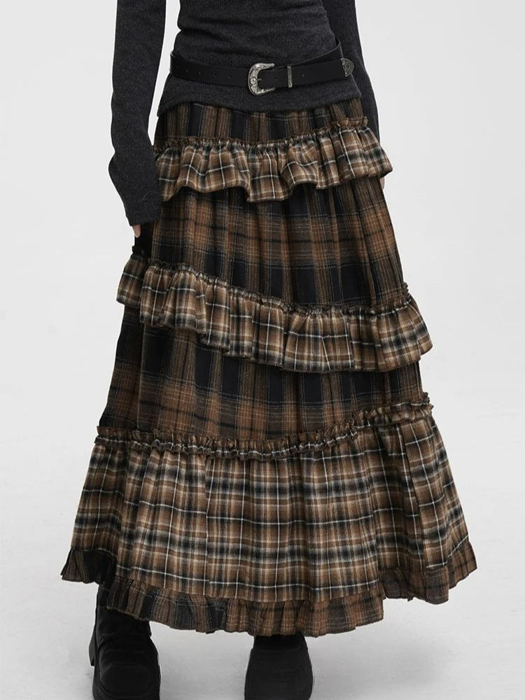 Vintage Long Plaid Ruffles Patchwork Casual Loose Skirt