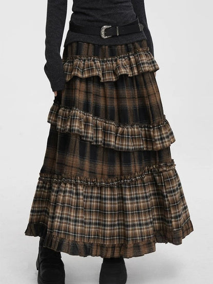 Vintage Long Plaid Ruffles Patchwork Casual Loose Skirt