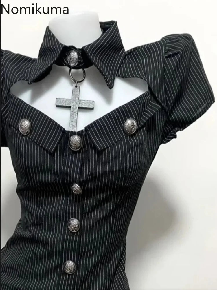 2 Piece Sets Slim Waist Striped Blouses A-line Mini Skirt Suit