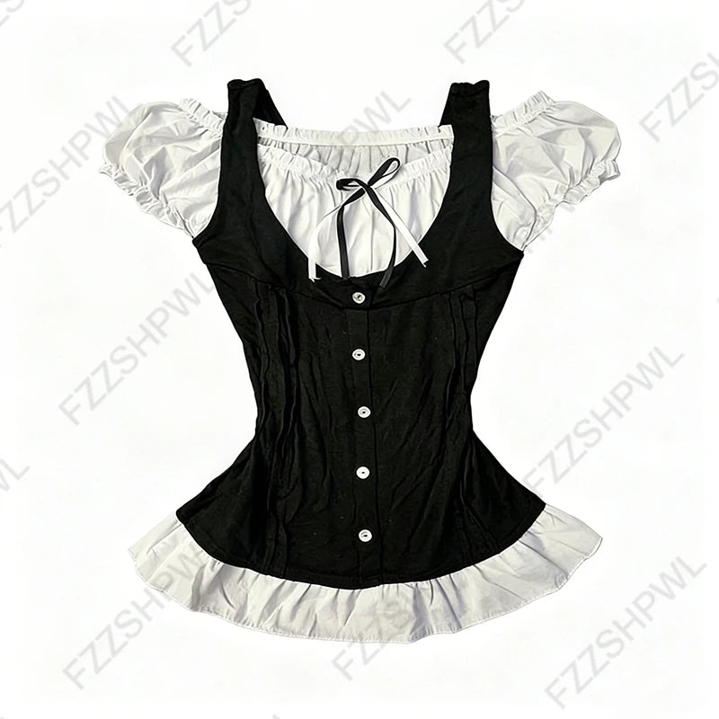 Corset Plaid Lace Ruffle Short Sleeve Shirt