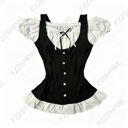 Corset Plaid Lace Ruffle Short Sleeve Shirt