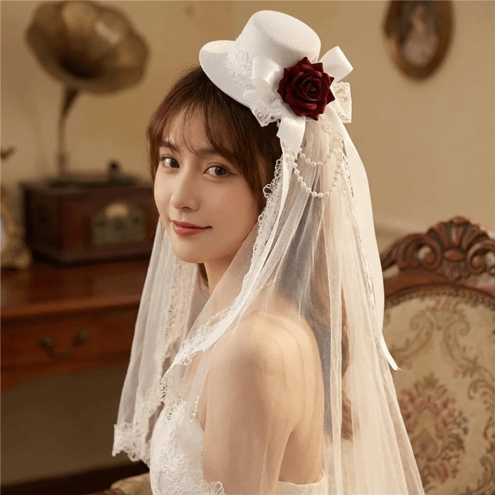 Lace Gothic Lace Veil Chain Chiffon Rose Hat Rose Victorian Retro Small Top Hat