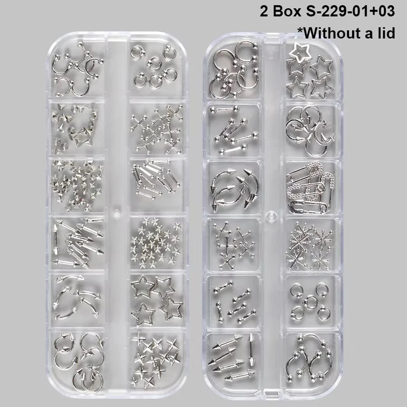 12 Grids Goth Punk Nail Charms Studs Piercing Designs Metallic Silvery Nails Art Rivets 3D Stars Alloy Nail Art Decorations