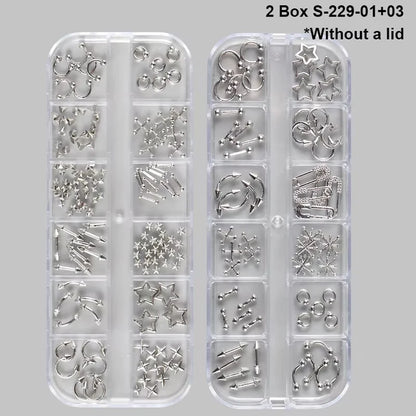 12 Grids Goth Punk Nail Charms Studs Piercing Designs Metallic Silvery Nails Art Rivets 3D Stars Alloy Nail Art Decorations