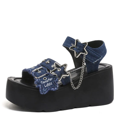 Gothic Chunky Platform Wedges Sandals Slides with Chain