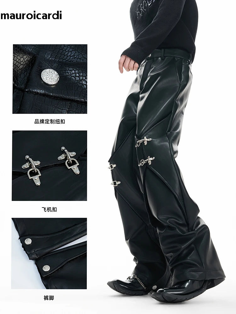 Mauroicardi Pu Leather Straight Pants High Waist with Split Metal Buckle