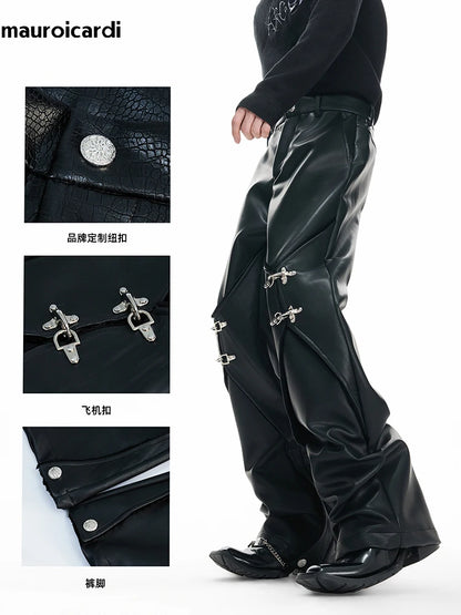 Mauroicardi Pu Leather Straight Pants High Waist with Split Metal Buckle