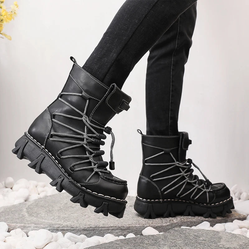 Genuine Leather Motorcycle Boots Platform Elastic