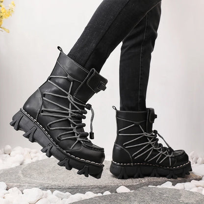 Genuine Leather Motorcycle Boots Platform Elastic