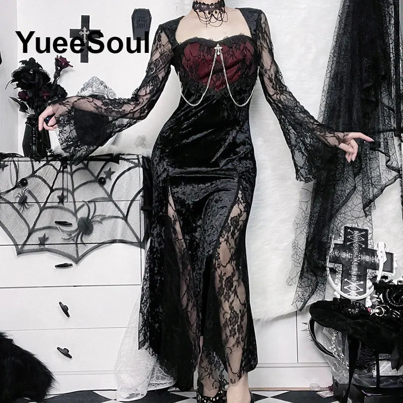Gothic Long Sleeve Lace Slim Black Dresses