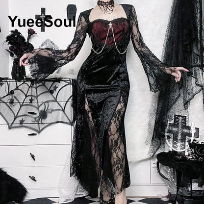 Gothic Long Sleeve Lace Slim Black Dresses