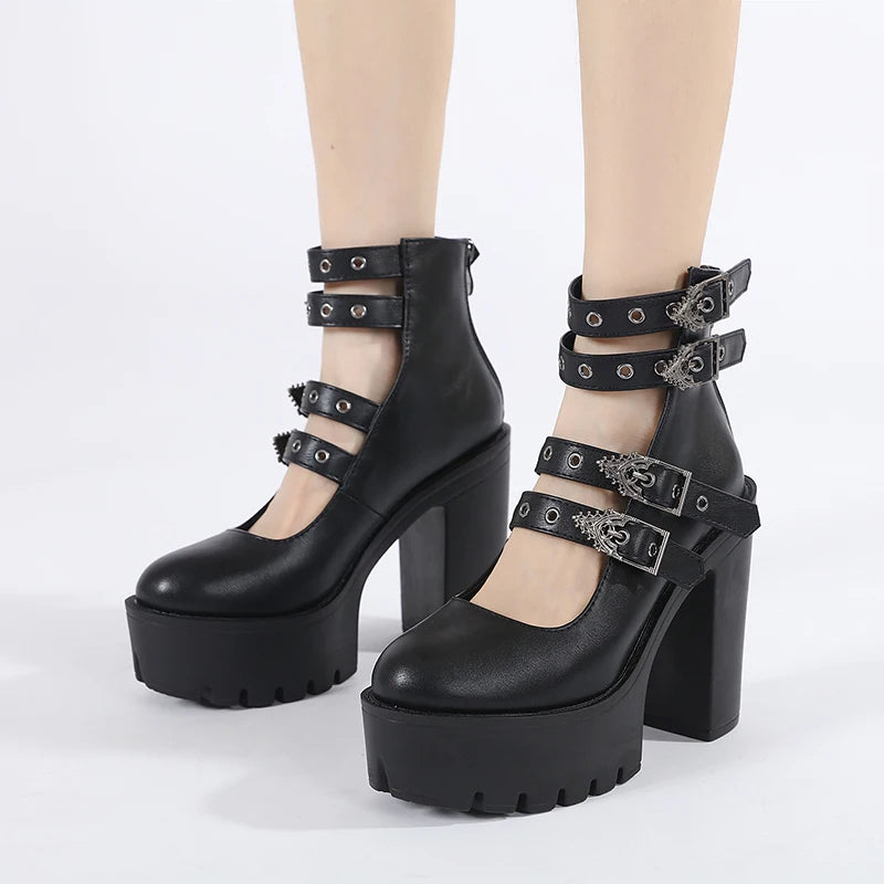 Block Heels Buckle Strap Pumps Platform Mary Jane