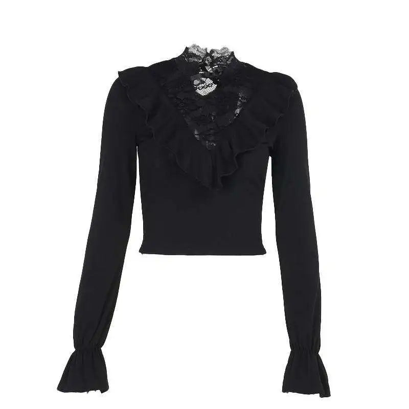 Goth Vampire Lace Splicing Top Ruffle Edge