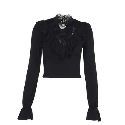 Goth Vampire Lace Splicing Top Ruffle Edge
