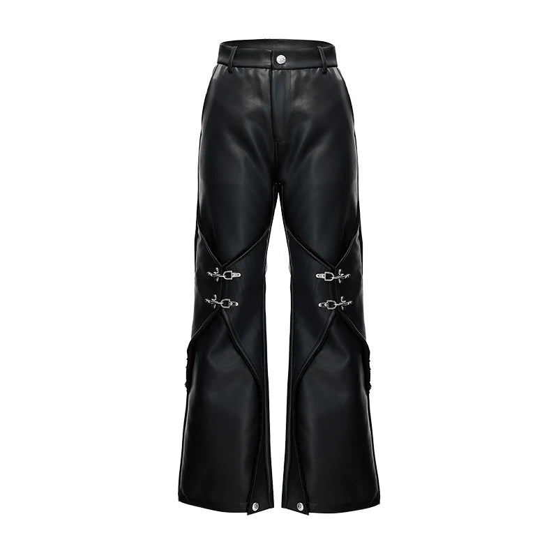Mauroicardi Pu Leather Straight Pants High Waist with Split Metal Buckle