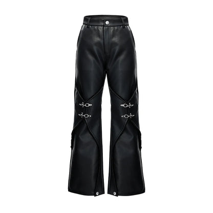 Mauroicardi Pu Leather Straight Pants High Waist with Split Metal Buckle
