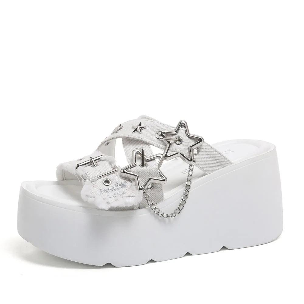 Gothic Chunky Platform Wedges Sandals Slides with Chain