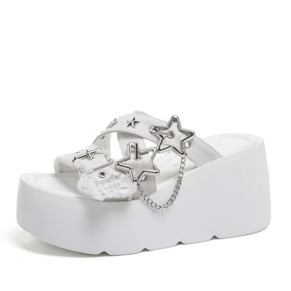 Gothic Chunky Platform Wedges Sandals Slides with Chain
