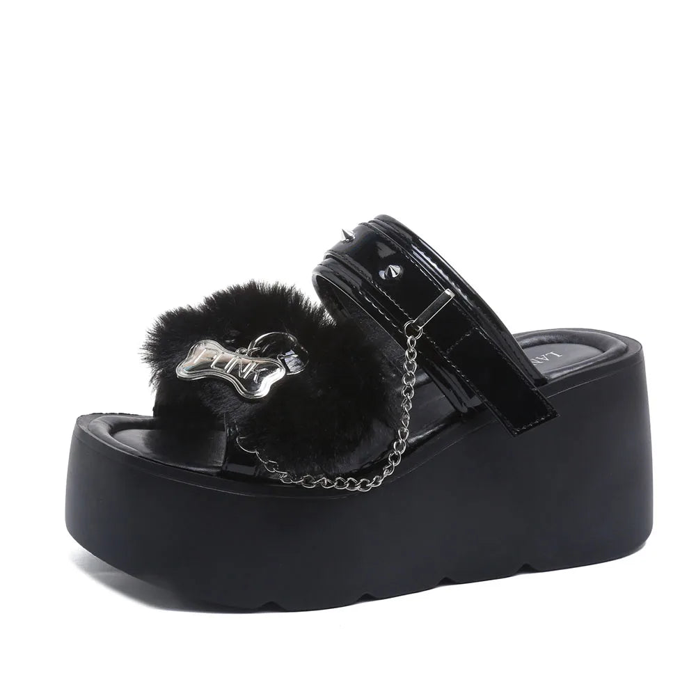 Gothic Chunky Platform Wedges Sandals Slides with Chain
