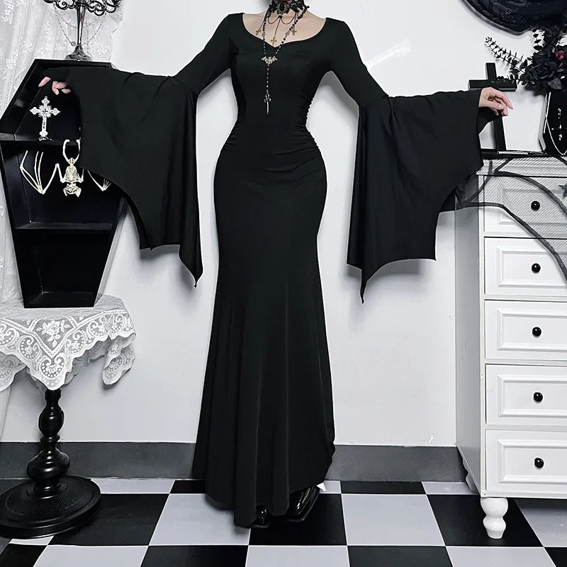 Gothic Long Sleeve Lace Slim Black Dresses