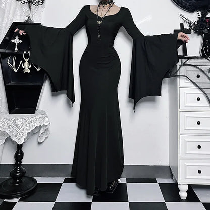 Gothic Long Sleeve Lace Slim Black Dresses