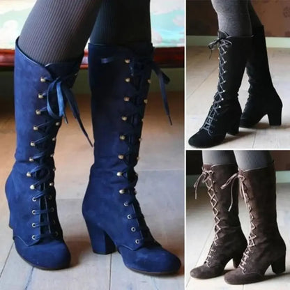 Knee high Retro Boots Lace Up Thick Heels Shoes