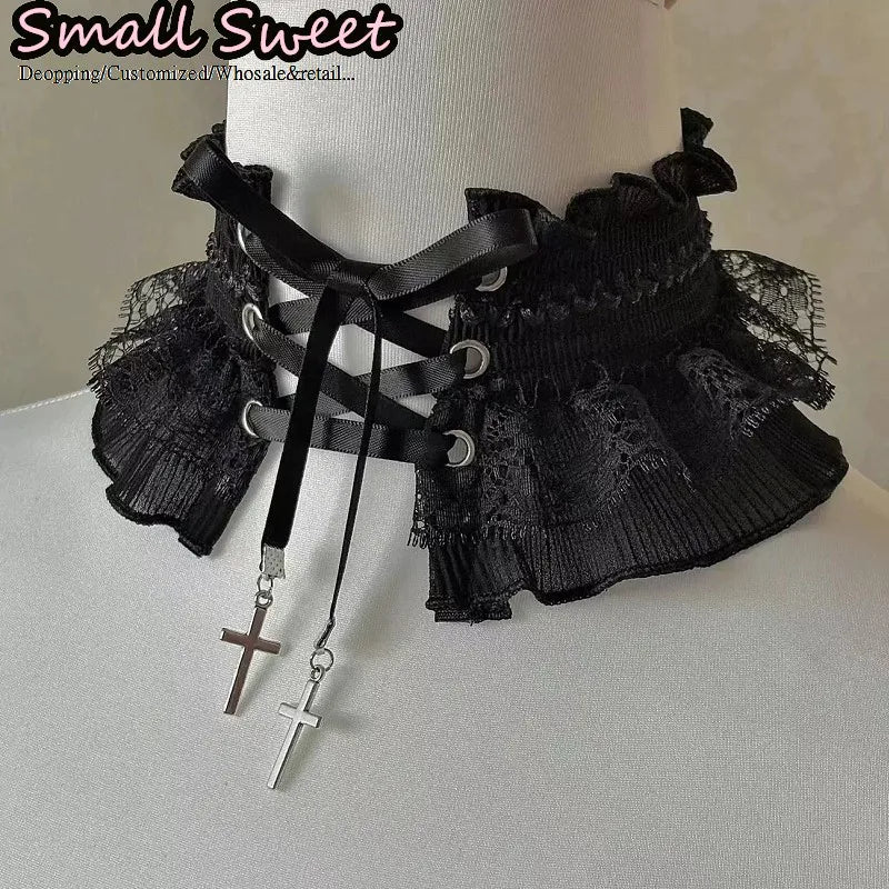 Lace Ruffle Elastic Tie With Metal Cross Pendant Collar