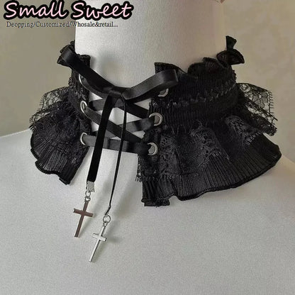 Lace Ruffle Elastic Tie With Metal Cross Pendant Collar