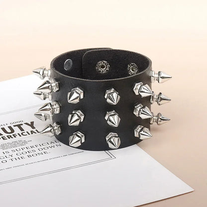 Punk Bracelet Goth Black Leather Wristband with Metal Spike Studded Cuff Bangle Adjustable
