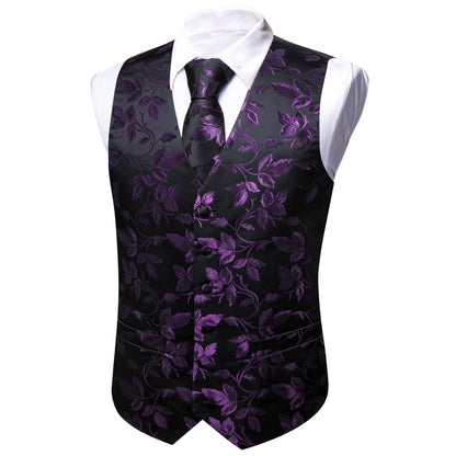 Lilac Purple Violet Lavender Silk Men Vest Tie Hanky Cufflinks Set Woven Waistcoat Sleeveless