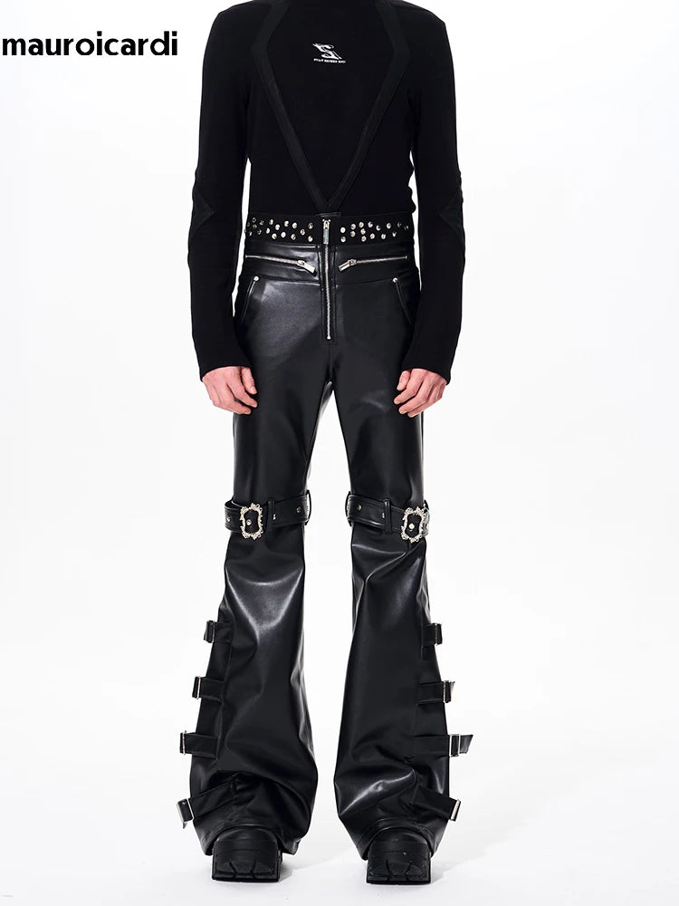 Mauroicardi Long Black Pu Leather Flare Pants for Men Rivet