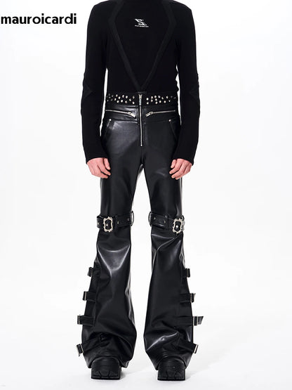 Mauroicardi Long Black Pu Leather Flare Pants for Men Rivet