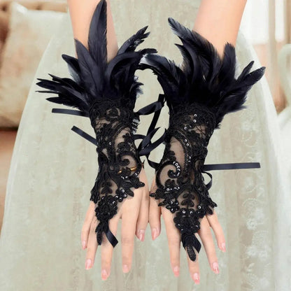Lace Faux Feather Long Glove Gothic Mesh Embroidery Mitten