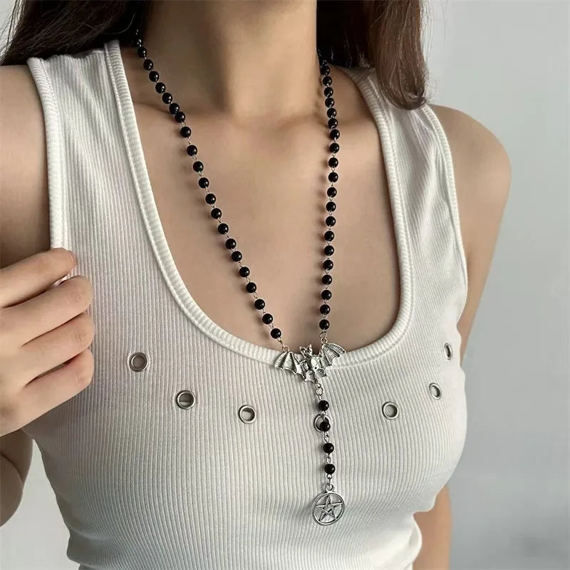 Artificial Pearl Bead Long Sweater Chain Vintage Bat and Pentacle Pendant Necklace