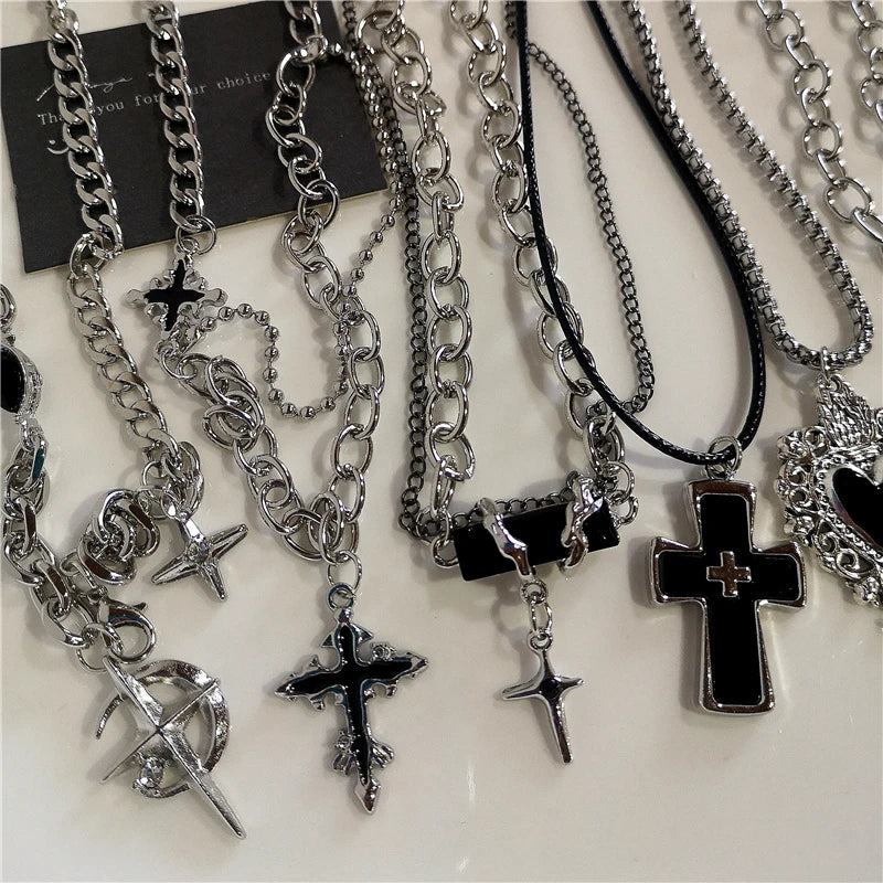 Punk Rock Black Heart Cross Pendant Chain Necklace Goth Accessories