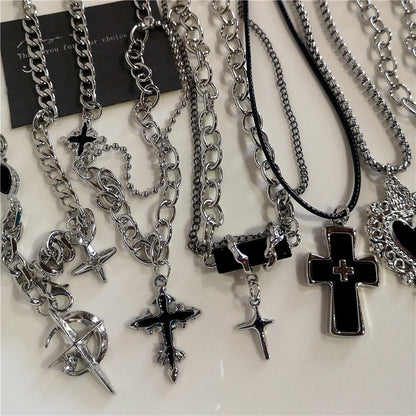 Punk Rock Black Heart Cross Pendant Chain Necklace Goth Accessories