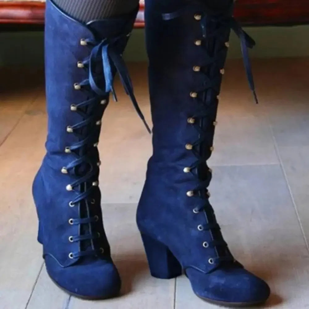 Knee high Retro Boots Lace Up Thick Heels Shoes