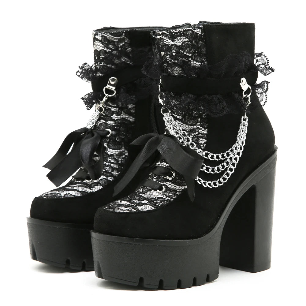 Lacy Beau Gothic Chunky Boots with Chain