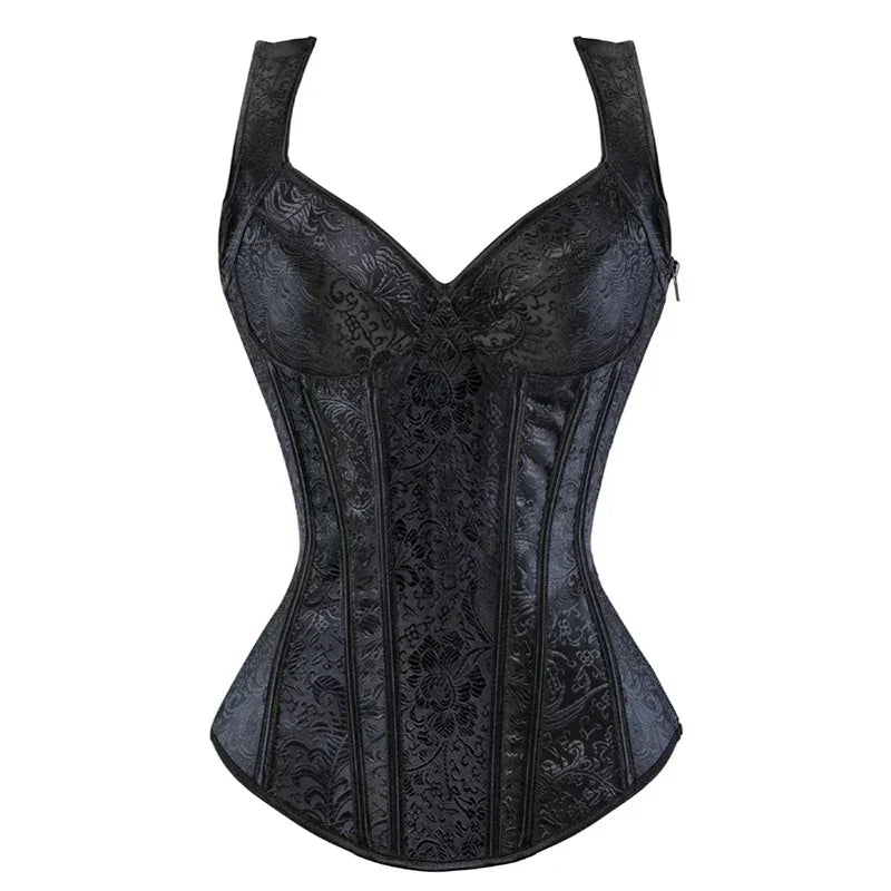 Sexy Women Corset with Straps Black Overbust Floral Jacquard Corsets Zipper Bustier