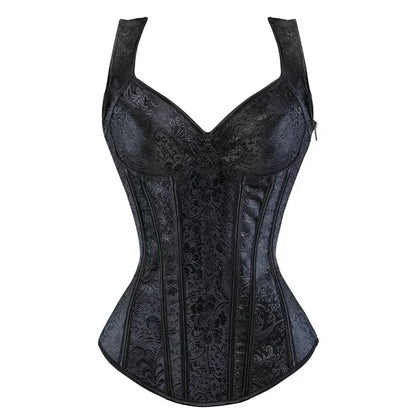 Sexy Women Corset with Straps Black Overbust Floral Jacquard Corsets Zipper Bustier