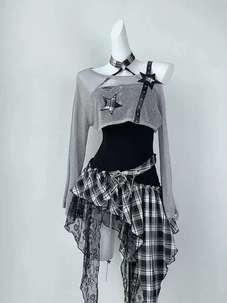 Gothic 2 Piece Set  Black Blouse + Chic Irregular Dress Vintage Suit