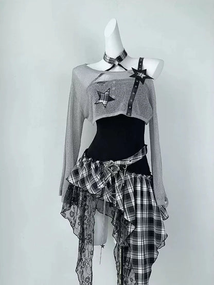 Gothic 2 Piece Set  Black Blouse + Chic Irregular Dress Vintage Suit