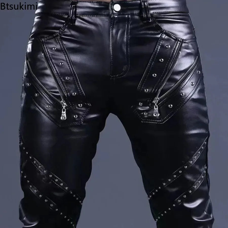 Rock Style PU Leather Rivets Zipper Slim Motorcycle Trousers