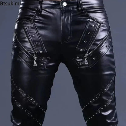 Rock Style PU Leather Rivets Zipper Slim Motorcycle Trousers